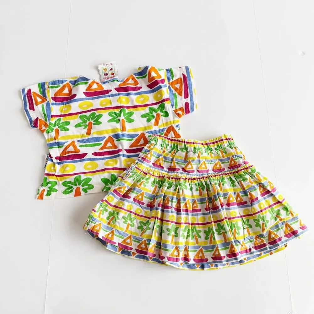[Vintage] 80s Tropical Pop Art Geometric Matching Set Shirt Skirt Girls Size 4-5